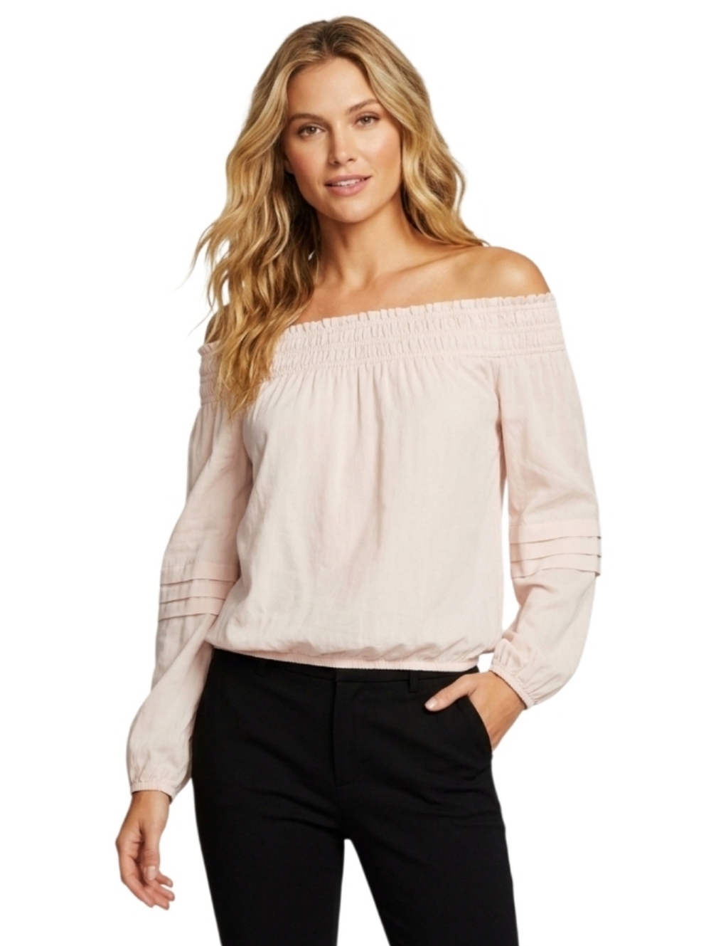 RAMY BROOK $335 Aggie Pink Blush Smocked Neckline Off-Shoulder Long Sleeve Top